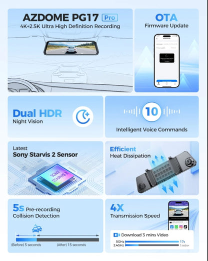 Azdome PG17 PRO 4K+2.5K DashCam Mirror داش كام بج 17 برو